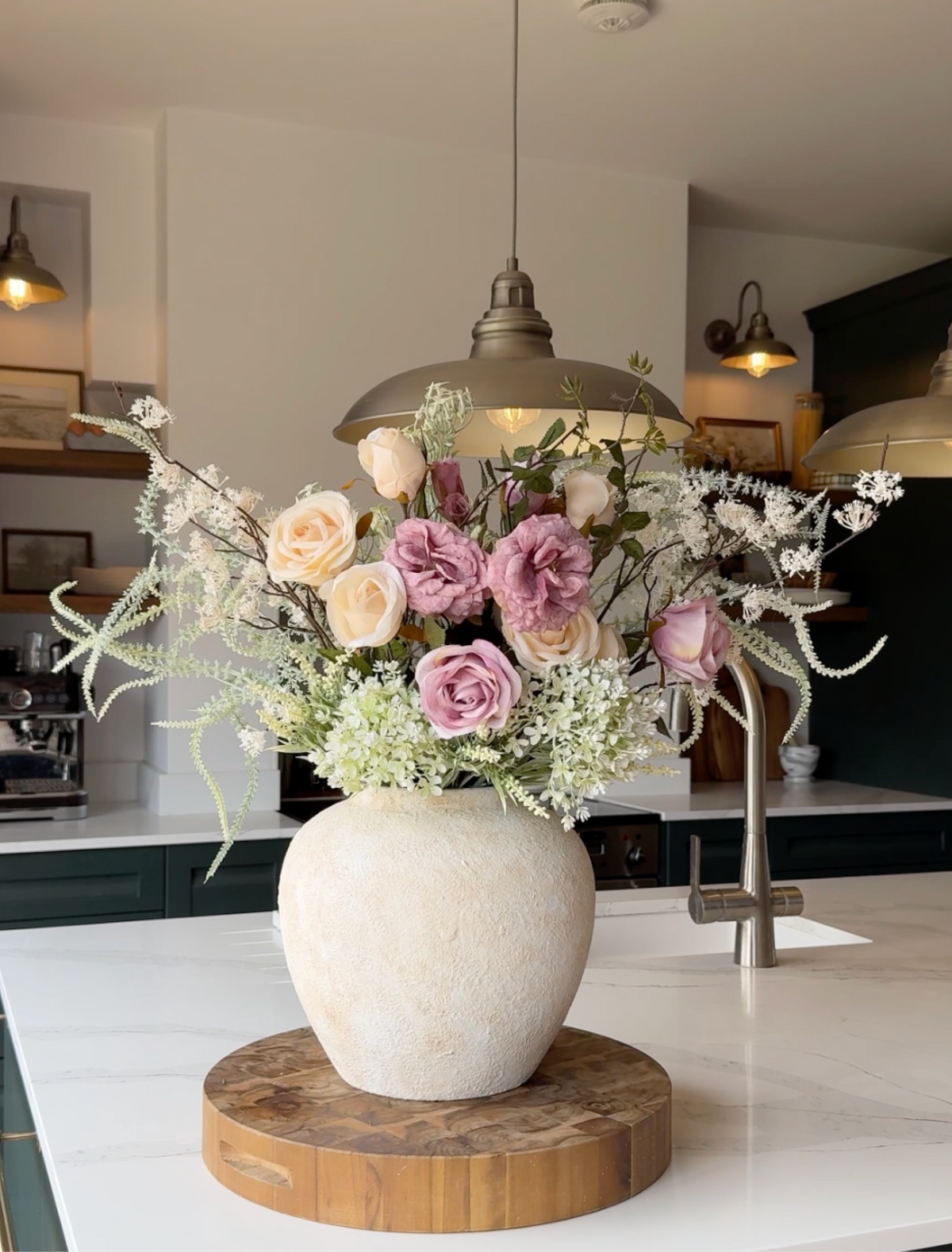 Faux Spring Floral Arrangement - Blush and Peach Roses with Wispy Foliage