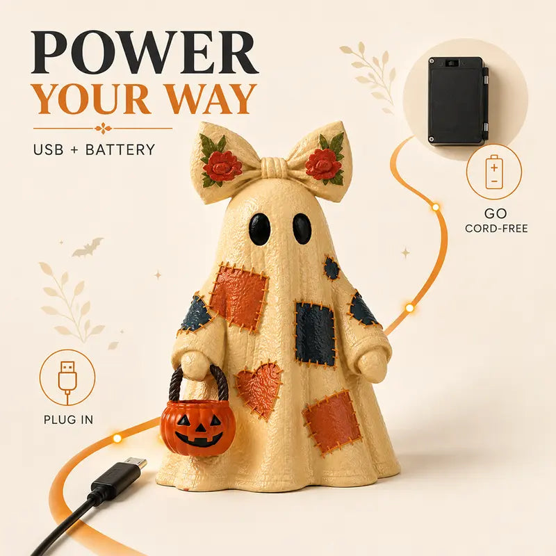 Lighted Patchwork Ghost with Pumpkin Lantern - Modern Minimalist Halloween Figurine