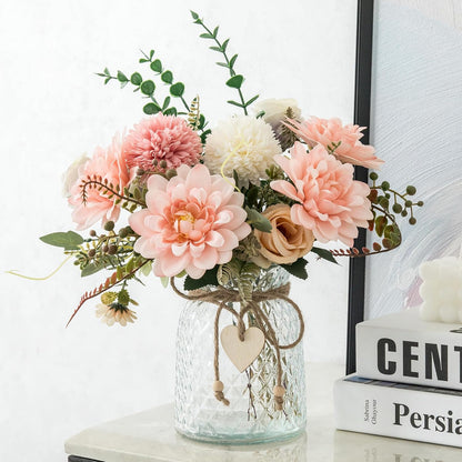 Fake Flowers with Vase, Faux Flowers in Vase for Home Decor, Silk Pink Dahlia Artificial Flowers with Vase for Coffee Table Decor, Living Room Bathroom Plant Decor, Centerpiece Table Decorations