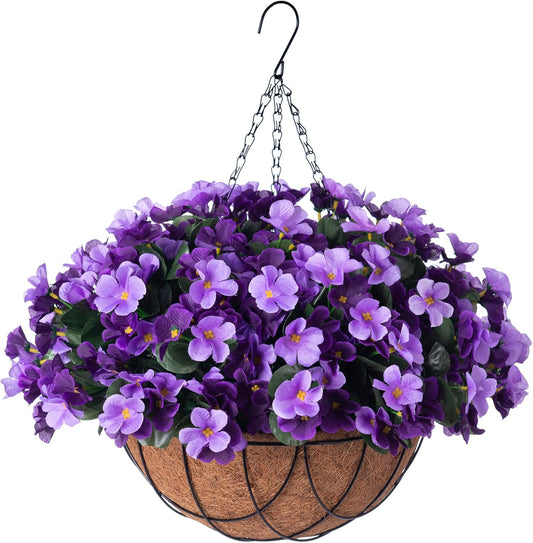 Artificial Hanging Flowers with Basket for Outdoor, Fake Hydrangea UV Resistant Arrangements in Pot Planter Spring Summer Decor for Indoor Porch Garden Yard(Double Violet)