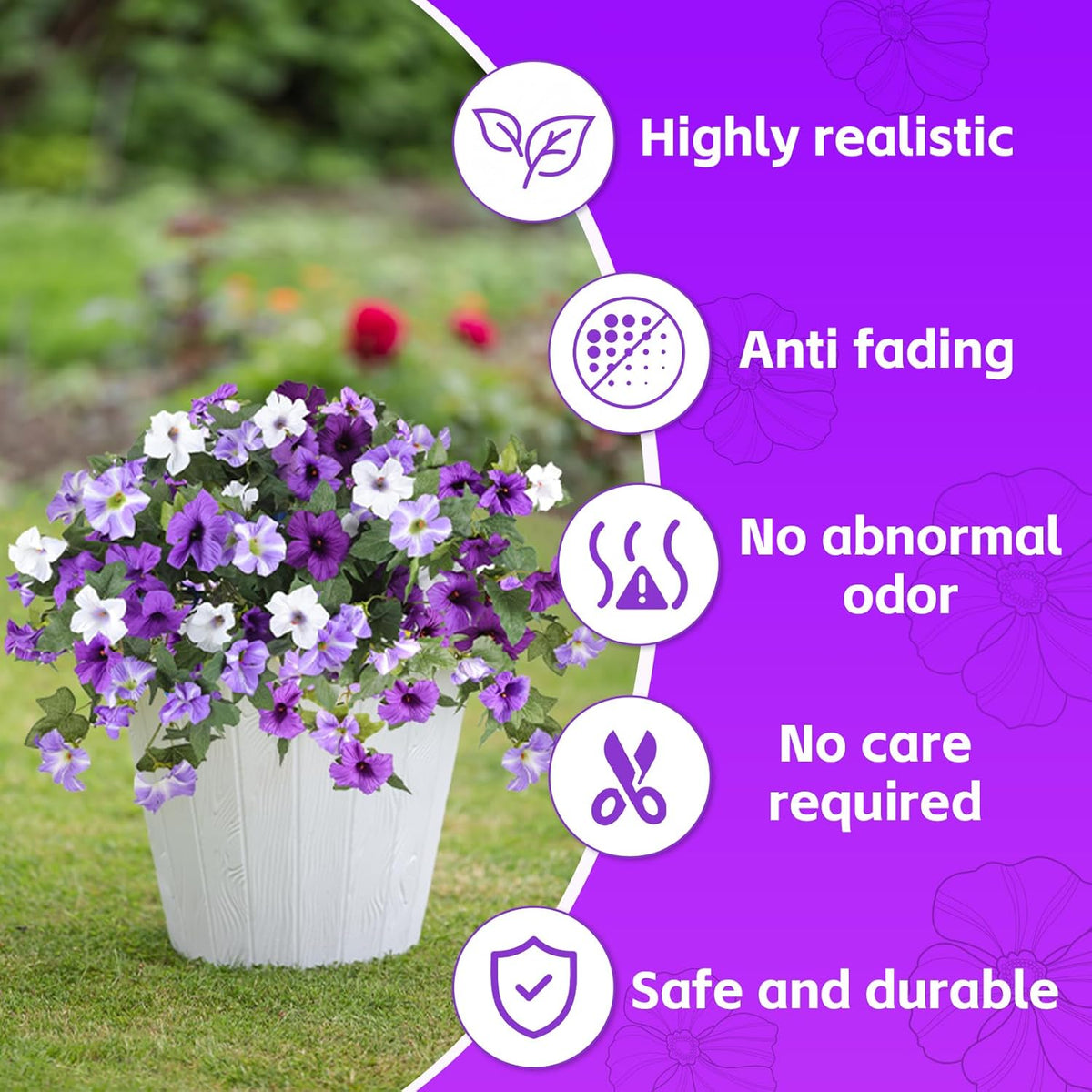 Artificial Fake Flowers for Outdoor Plants Decoration, 4 Pcs Faux Petunia Flowers Plants UV Resistant Silk for Porch Yard Garden Home Indoor Decor (Purple White)