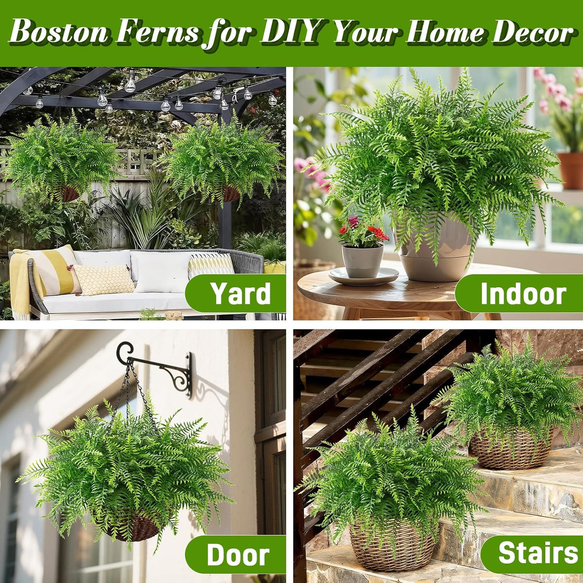 Waipfaru Fake Hanging Fern Plants Outdoor - 2 Pack UV Resistant Artificial Outdoor Hanging Plants, Realistic Faux Greenery Fern for Patio Front Porch Garden Home Decor