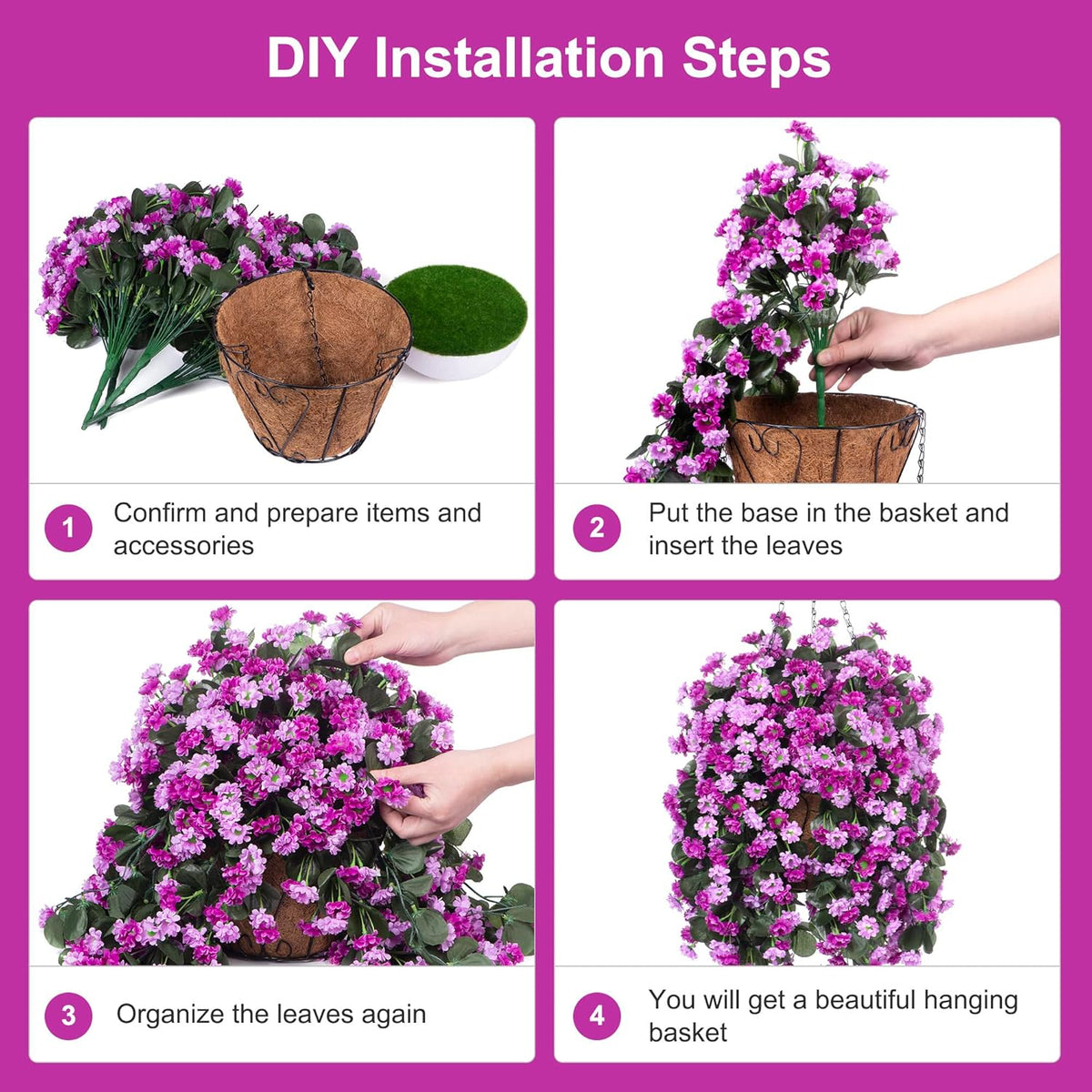 Artificial Flowers in Hanging Basket for Outdoors Spring Decor, Fake Mums Flowers Faux Plants with Basket for Indoors Home Porch Garden Yard Patio Decoration (Purple Pink)