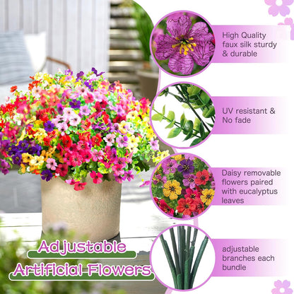 Artificial Flowers for Outdoors, Faux Flowers Daisy with Eucalyptus Leaves for Indoor Garden Home Decoration, UV Resistant Artificial Flower Fake Plants for Porch Patio, 12 Bundles (6 Multicolor)