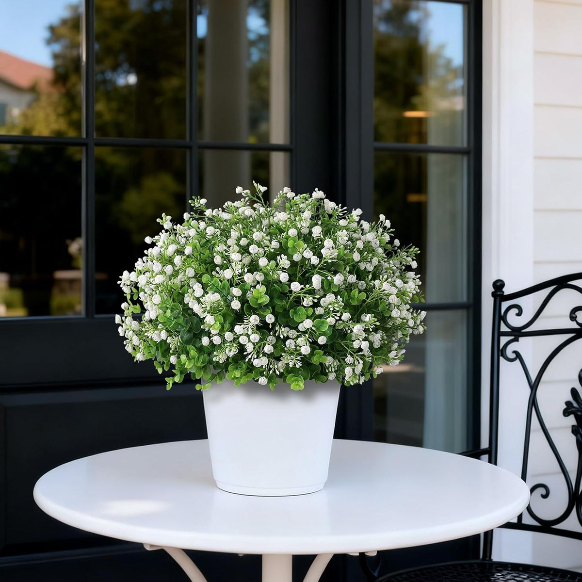 Artificial Eucalyptus with Baby's Breath Topiary Ball Trees - 2 Set Faux Potted Plants