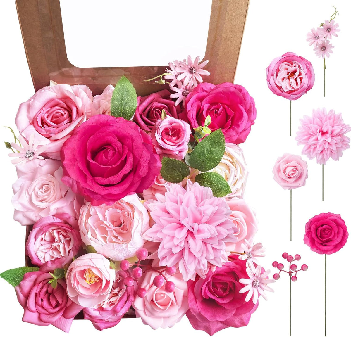 Jspupifip Pink, Hot Pink Artificial Flowers Combo Box Fake Silk Roses with Stems Hydrangea Peony Arrangement for Bridal Shower Boho DIY Wedding Cake White Flowers Table Decorations