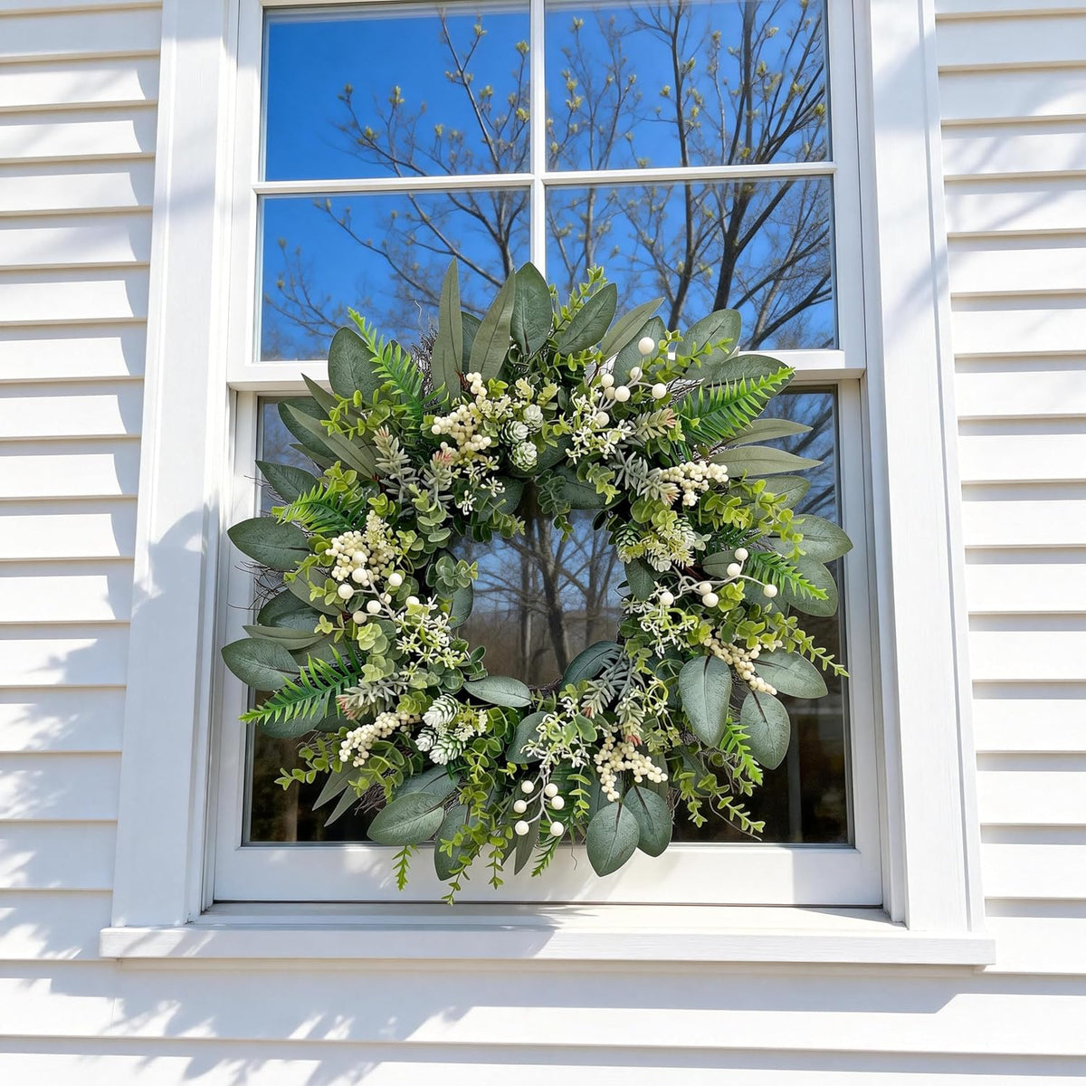 24 Inch Greenery Wreaths for Front Door – Artificial Eucalyptus Wreath with White Berries and Mixed Green Leaves, Year-Round Farmhouse Indoor Outdoor Door Wreath for Spring Summer Home Decor