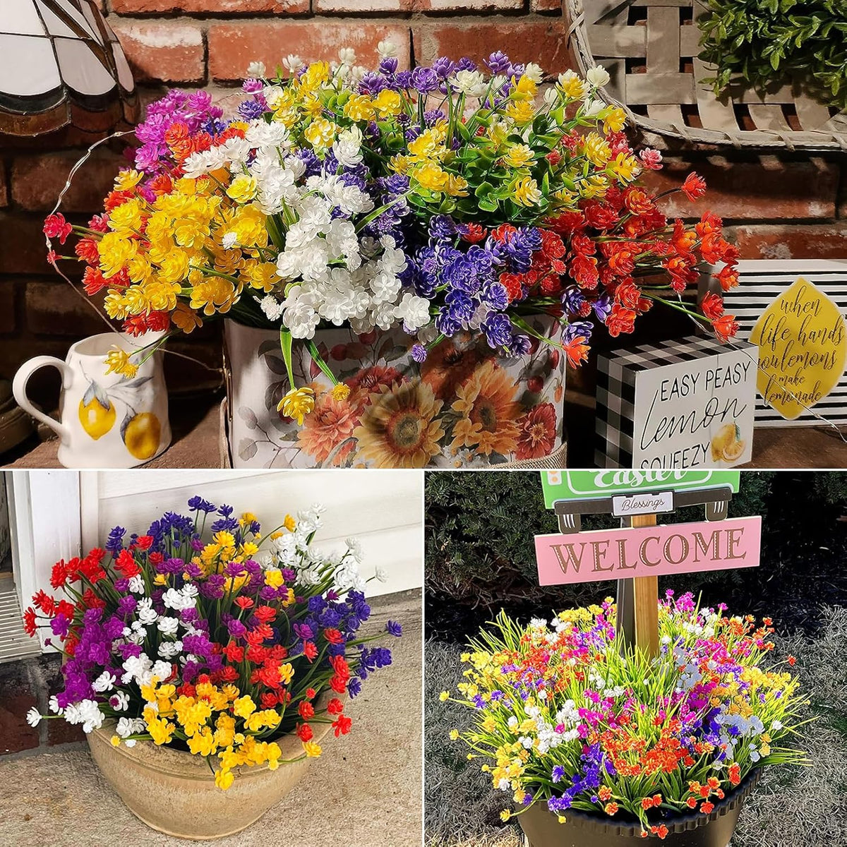 Lnoicy 20 Pcs Artificial Flowers for Outdoor, Plastic Flowers Decoration, UV Resistant Faux Flowers Shrubs, Artificial Plants for Indoor and Outdoor Garden Home Wedding Farmhouse (7 Colors)