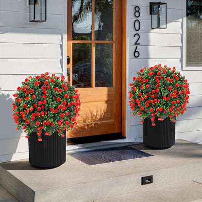 Artificial Red Rose Topiary Ball Tree 25" with Ground Spike, Set of 2 Artificial Boxwood Bushes for Faux Shrubs, Fake Evergreen Faux Plant for Indoor Outdoor Porch Garden -UV Resistant–Fade-Proof