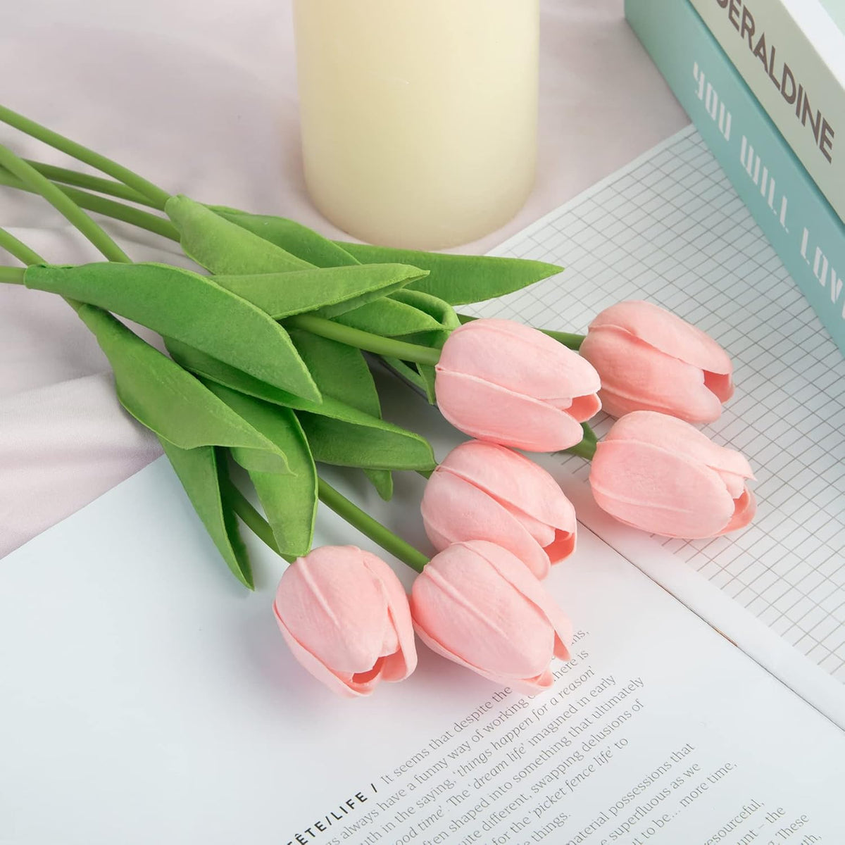 Ouddy Decor 30 Pcs Pink Tulips Artificial Flowers Real Touch PU Faux Flowers Fake Tulips Stems for Spring Summer Bouquet Floral Room Table Party Wedding Easter Mothers Gifts Home Decorations