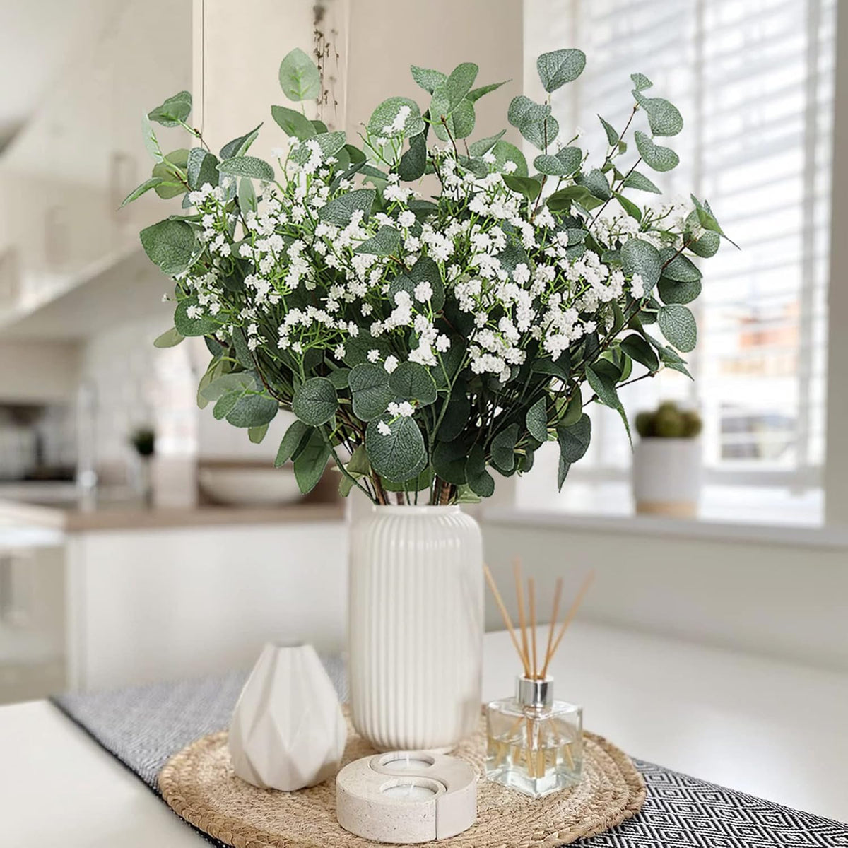 Beferr 5 Pcs Eucalyptus Stems & 6 Pcs Babys Breath Artificial Flowers Faux Greenery Bouquets for Wedding Table Centerpiece Home Decor