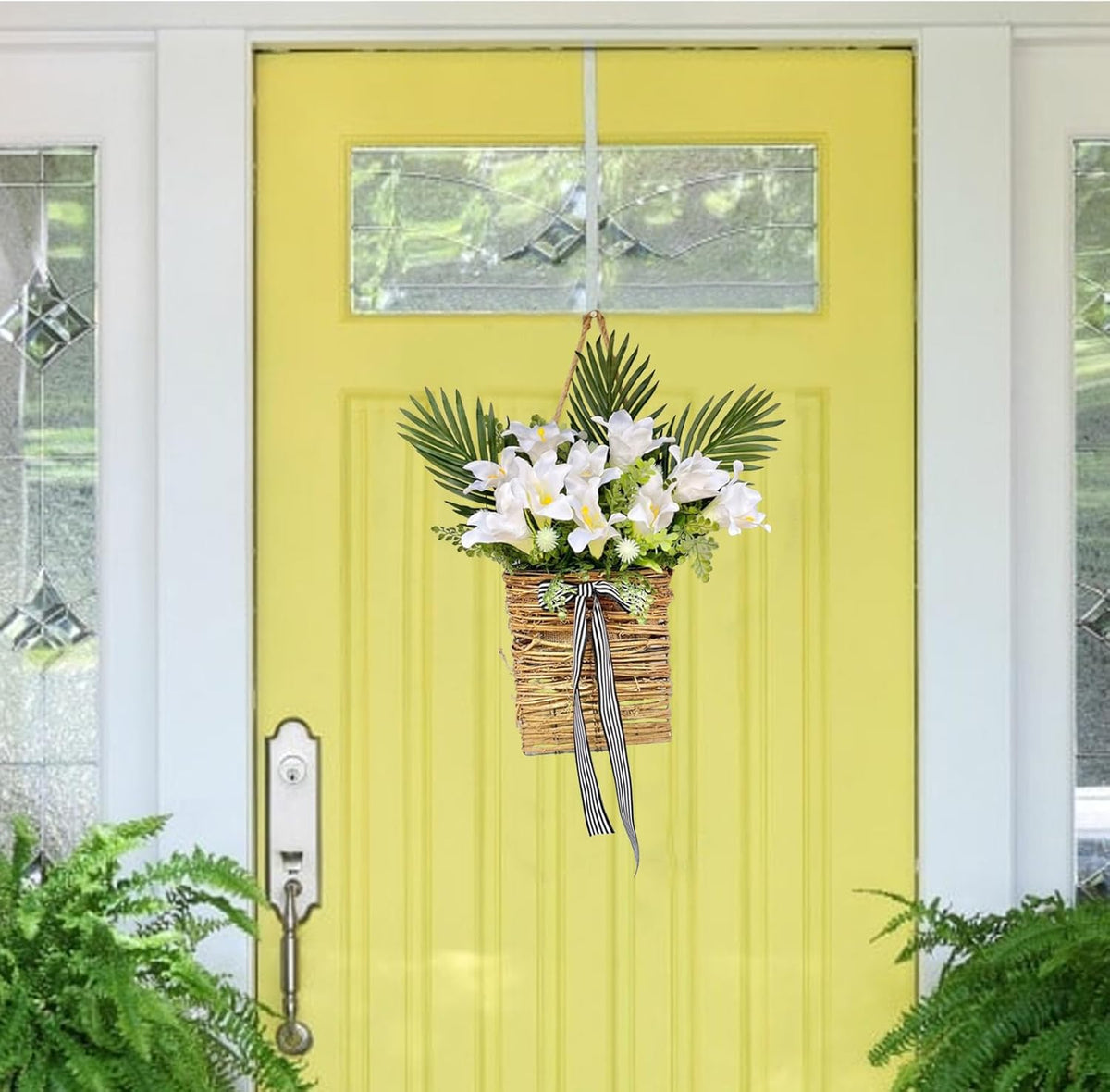 Artificial Flowers Basket, Hanging Door Basket, Artificial Hanging Baskets with Flower, Basket Wreath for Outdoor Indoor Wall Door
