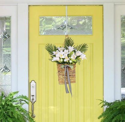 Artificial Flowers Basket, Hanging Door Basket, Artificial Hanging Baskets with Flower, Basket Wreath for Outdoor Indoor Wall Door
