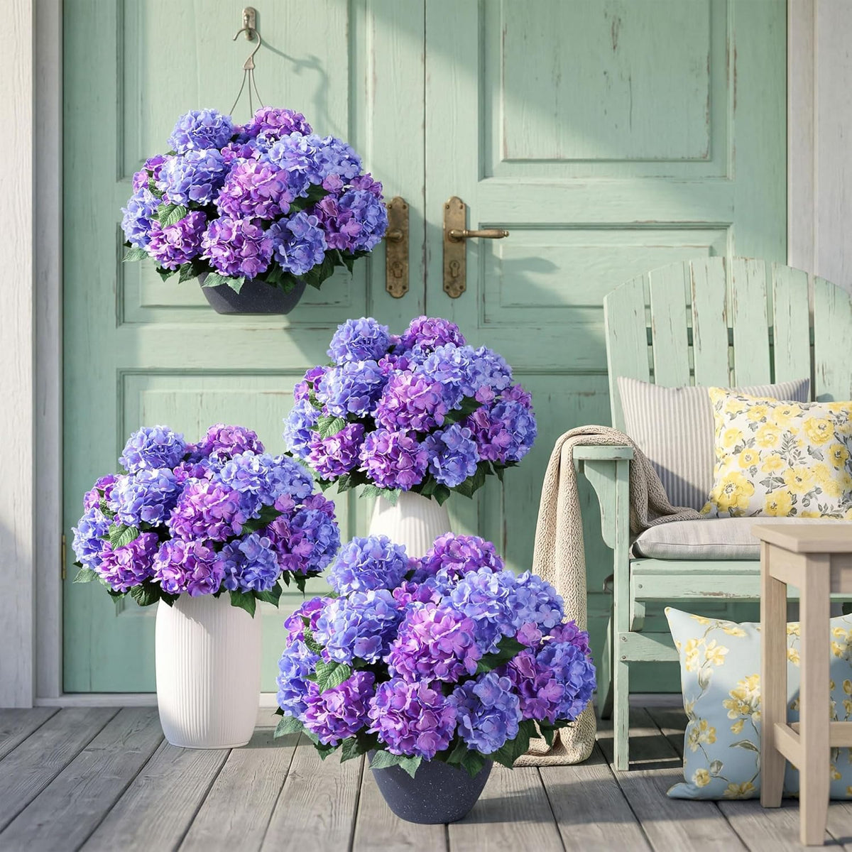 Ivydale Artificial Flowers for Outdoors, 4 PCS Purple Blue Fake Silk Hydrangea Flower Stems for Bouquets UV Resistant Realistic Faux Plants Home Outdoor Wedding Party Centerpieces Decor