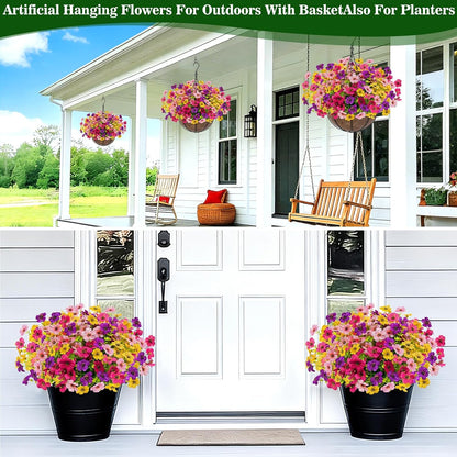 2 Sets Artificial Hanging Plants Flowers Basket Outdoor, Fake Hanging Plants Set of 2 Includes 24 Pcs Flowers for Porch, Patio, Garden, Home Decor in Spring Summer (Red, Purple, Yellow, Rose Red)