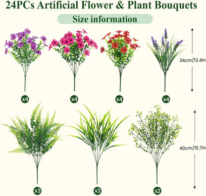 Alupssuc 24 Bundles Artificial Flowers for Outdoors Spring Decoration, UV Resistant Faux Eucalyptus Violet and Lavender Silk Fake Plants for Outside Indoor Yard Home Patio Decor, Red Rose Purple