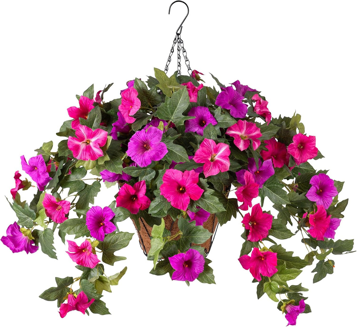 Artificial Petunia Flowers with Hanging Basket for Outdoors, 3 Pcs Fake Hanging Flowers UV Resistant Faux Silk Plants in Basket for Garden Porch Yard Patio Realistic Home Spring Decor(Purple Fuchsia)