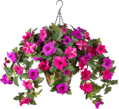 Artificial Petunia Flowers with Hanging Basket for Outdoors, 3 Pcs Fake Hanging Flowers UV Resistant Faux Silk Plants in Basket for Garden Porch Yard Patio Realistic Home Spring Decor(Purple Fuchsia)