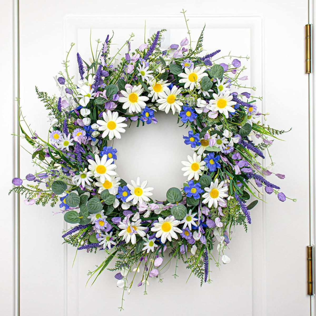 24 Inches Spring Wreaths for Front Door Blue Spring Door Wreath Summer Floral Wreath with Wildflower White Sunflower for Porch Indoors Outdoor Window Home Decorations