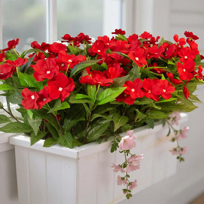 Daynight 4 Pcs Artificial Impatiens Flowers for Outdoor Flowers UV Resistant Faux Red Flowers Impatiens Bushes Silk Artificial Flowers Bouquet for Patio Garden Porch Decor (4, Red)