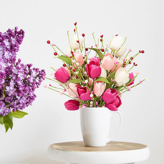 VioletEverGarden Valentines Day Decorations 6 Pack Valentines Flowers 17 inch Valentine’s Day Picks with Tulip Berry for Valentine’s Day Wedding Party Center Pieces