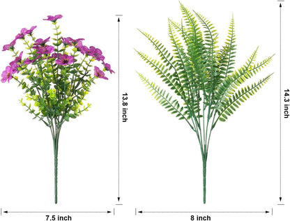 HyeFlora Artificial Faux Outdoor Flowers Plants for Summer Outside Decoration, 14 Bundles Fake Silk Colorful Daisy Ferns UV Resistant Realistic for Front Door Porch Planter Patio Yard