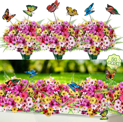 Artificial Flowers For Outdoors, 24 Bundles UV Resistant Fake Outdoor Flowers Faux Artificial Flower Plastic Plants for Outside Garden Porch Window Pot Spring Summer Home Decor (Multi Color-B, 24)