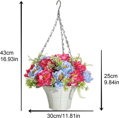 Artificial Flower Hanging Basket, Artificial Hanging Baskets with Flowers, Fake Flowers in Hanging Basket, Fake Hanging Plants for Outdoor Decor, Faux Flowers for Outdoor Patio Garden(1PCS-red blue)