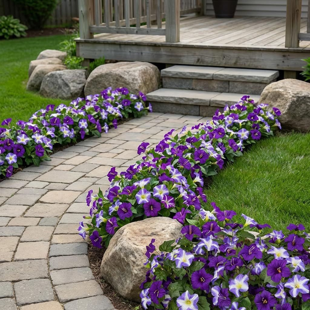 Artificial Flowers for Outdoors, 10 Bundles Realistic Fake Outdoor Flowers, UV Resistant Silk Petunia Flower for Outside Look Real Faux Flower Plants for Outdoor Porch Decor, Purple White