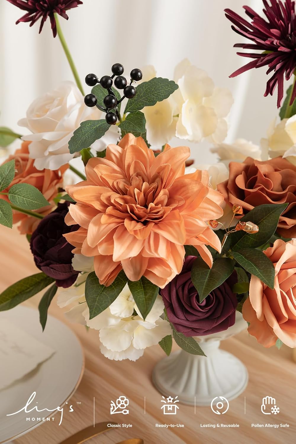Ling's moment Fake Flowers Box, Faux Artificial Greenery Stems Foam Roses Berry Silk Dahlia Hydrangea Fabic Flower for Centerpieces Bouquet Wedding Floral Vase, Terracotta & Burgundy, Deluxe Combo