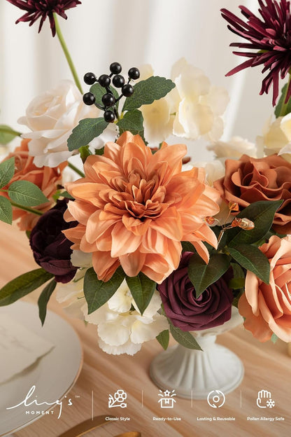 Ling's moment Fake Flowers Box, Faux Artificial Greenery Stems Foam Roses Berry Silk Dahlia Hydrangea Fabic Flower for Centerpieces Bouquet Wedding Floral Vase, Terracotta & Burgundy, Deluxe Combo