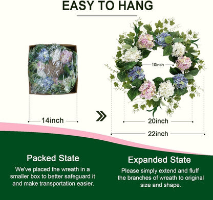 Spring Summer Wreaths for Front Door, 20 Inch Artificial Wreaths with Hydrangea Floral, Floral Wreath for Porch Wall Window Wedding Decor, All Season Wreaths for Home Outdoor Decoration