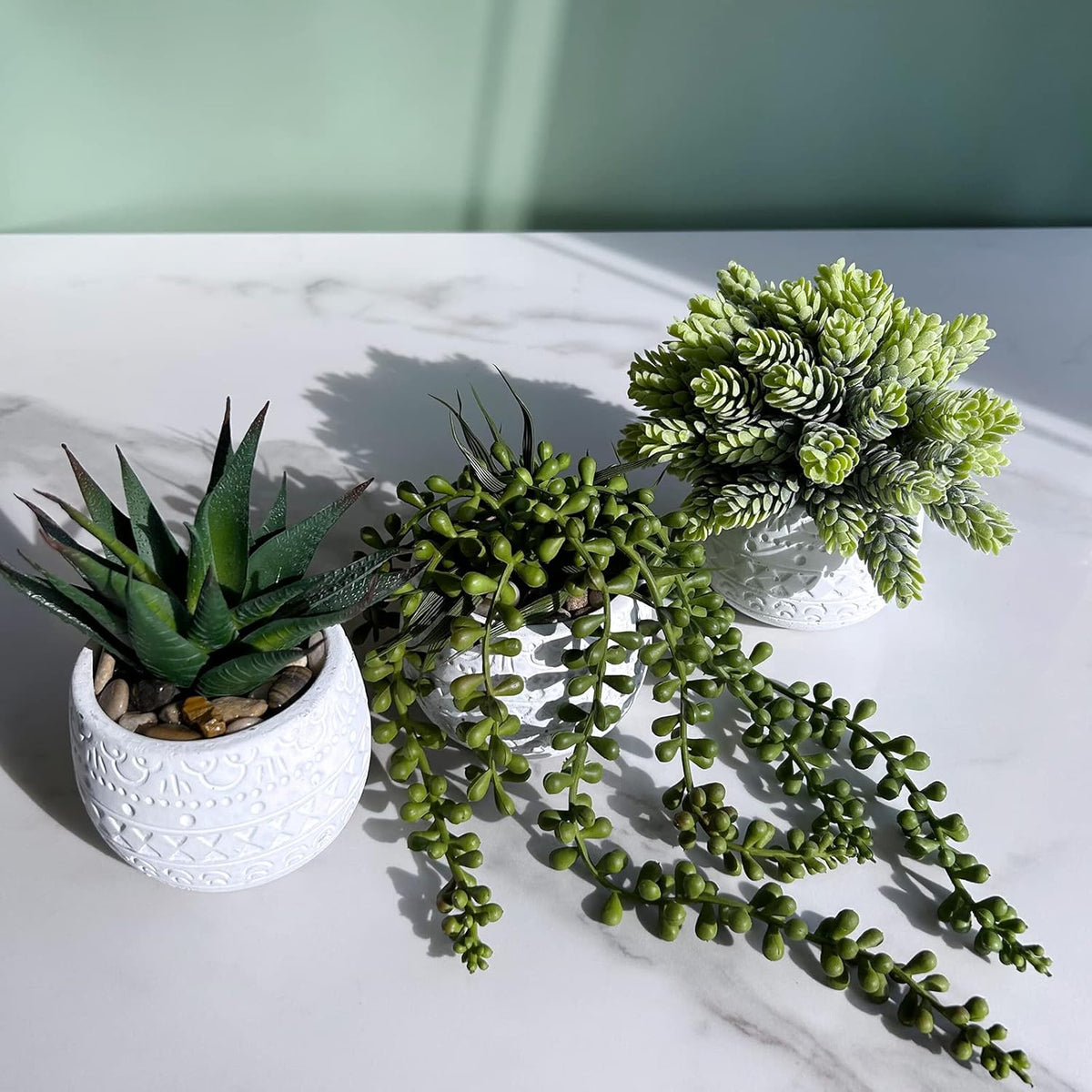Winlyn 3 Pcs Assorted Small Potted Succulent Plants Artificial Aloe Hanging Succulent in White Geometric Concrete Ceramic Pots for Gift Party Wedding Favors Windowsill Table Shelf Indoor Outdoor Decor