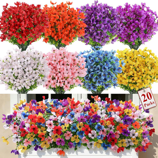 SHareconn 20 Bundles Artificial Flowers Outdoors Decoration, Fake Silk mums Eucalyptus Realistic UV Resistant Faux Plants for Outside Indoor Planter Porch Yard Home Spring Decor, Mix 8 Colors
