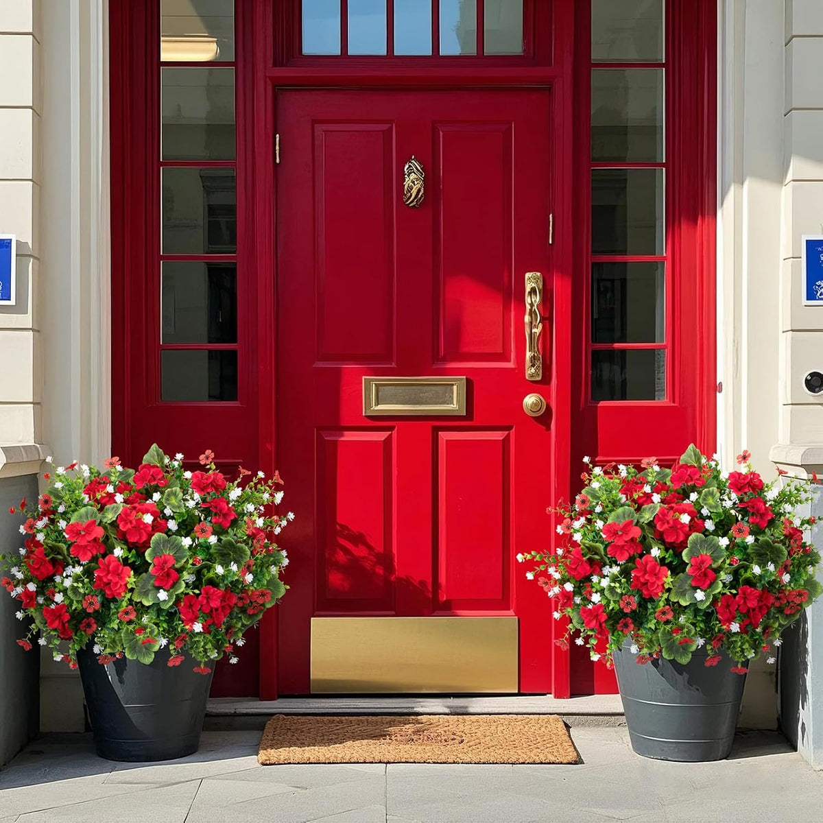Ouddy Decor 18" Artificial Geranium Flowers for Outdoors, 10 Bundles Mixed Fake Silk Flowers Plastic Plants UV Resistant for Summer Garden Porch Patio Planter Kitchen Table Home Decor, Red