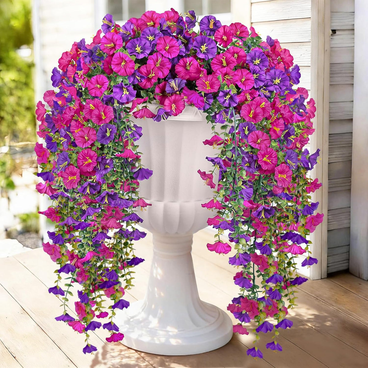 Artificial Hanging Flowers for Outdoors, 2 PCS 300 Blooms UV Resistant Morning Glory Faux Silk Vines, No-Odor Realistic Fake Plants for Garden Planter Porch Patio Decoration, Fuchsia & LightPurple