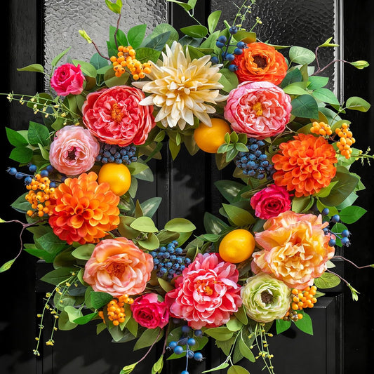 24 Inch Spring Wreath for Front Door - Peony, Dahlia, Hydrangea with Faux Lemons and Berries