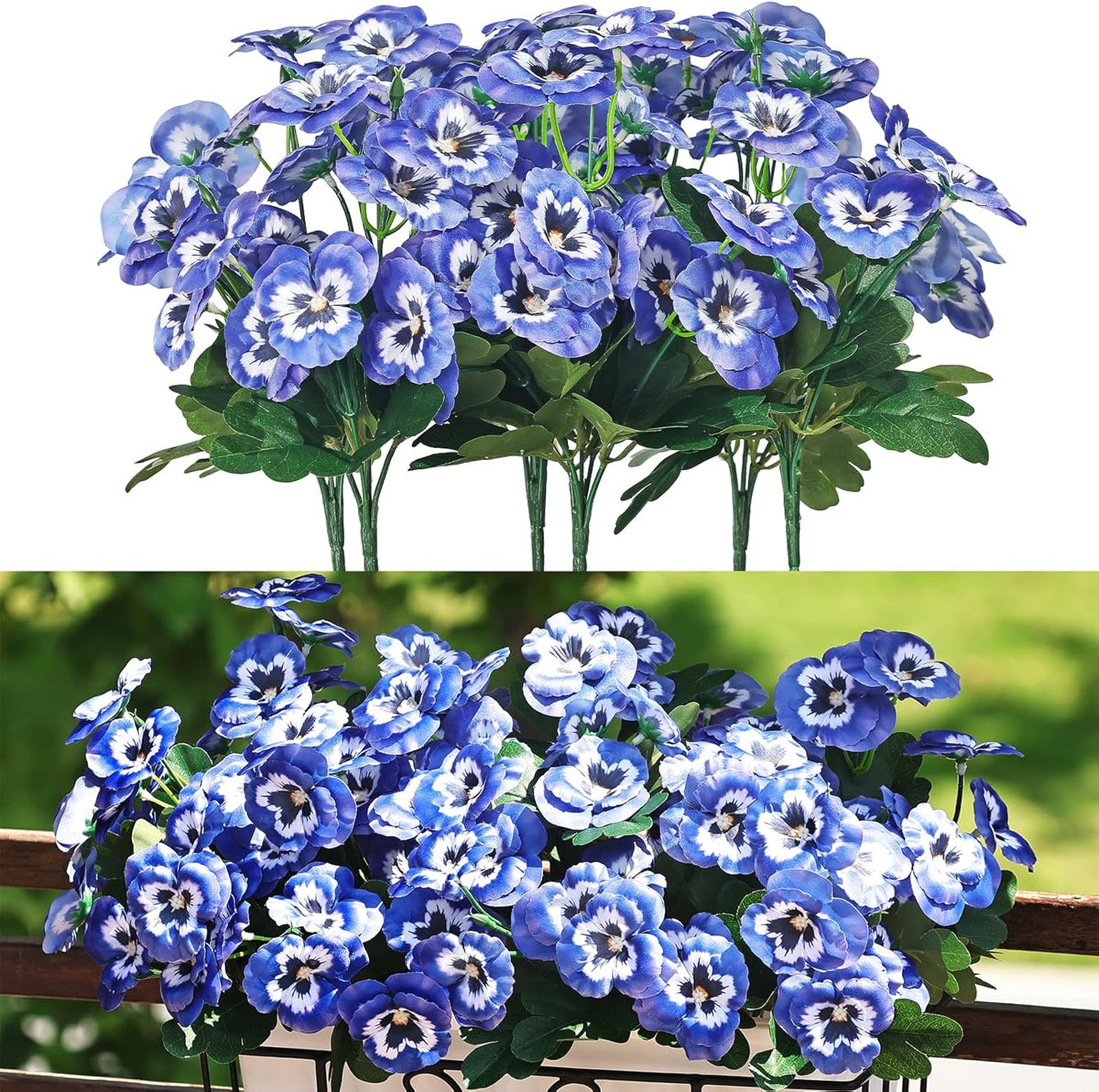 QIANYUN Artificial Flowers Outdoor-11.8in Pansies UV Resistant Plastic Flower in Bulk Fake Outdoor Plants (3, Blue Pansy)