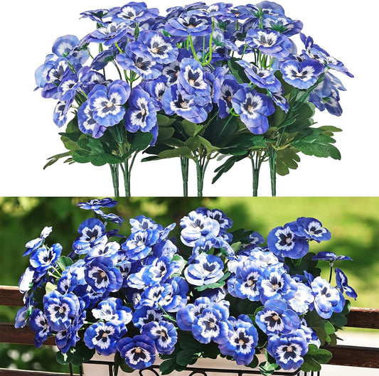 QIANYUN Artificial Flowers Outdoor-11.8in Pansies UV Resistant Plastic Flower in Bulk Fake Outdoor Plants (3, Blue Pansy)
