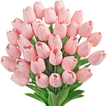 Ouddy Decor 30 Pcs Pink Tulips Artificial Flowers Real Touch PU Faux Flowers Fake Tulips Stems for Spring Summer Bouquet Floral Room Table Party Wedding Easter Mothers Gifts Home Decorations