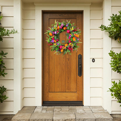 Sggvecsy Spring Summer Wreath for Front Door 22 Inch Artificial Tulips Wreath with Eucalyptus Leaves Lavender Ferns Colorful Silk Flowers Butterflies for Home Farmhouse Indoor Outdoor Wall Decor