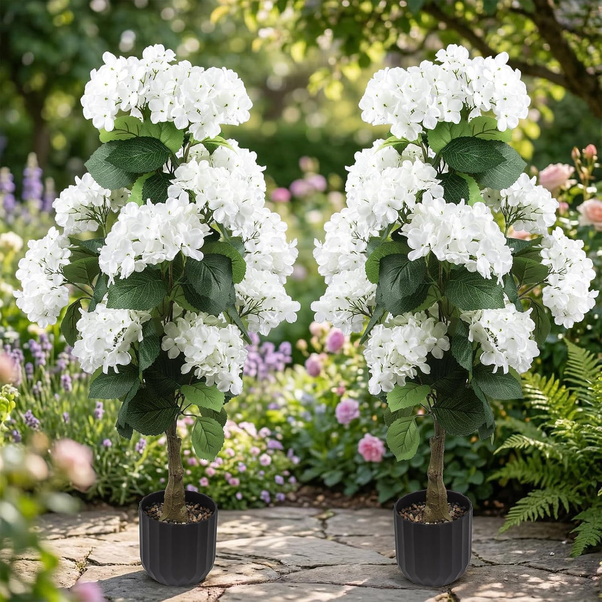 2 Pcs 3 Ft Artificial Hydrangea Trees Potted, UV Resistant Faux Silk Hydrangea Plant in Pot for Indoor Outdoor Decoration, Hydrangea Topiary for Garden Office Home Porch Patio Decor