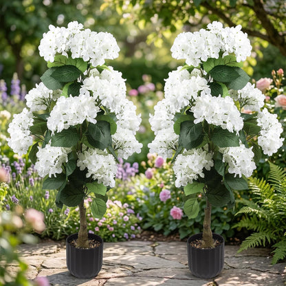 2 Pcs 3 Ft Artificial Hydrangea Trees Potted, UV Resistant Faux Silk Hydrangea Plant in Pot for Indoor Outdoor Decoration, Hydrangea Topiary for Garden Office Home Porch Patio Decor