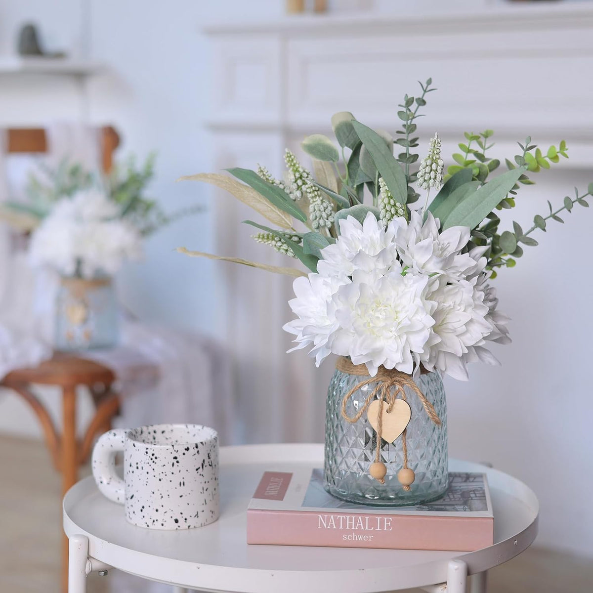 Faux Flowers with Vase, Artificial Silk Flowers in Vase, Fake Plant Eucalyptus and Willow, Flower Arrangement for Home Farmhouse kitchen Dining Table Centerpiece Decorations Coffee Table Decor (White)