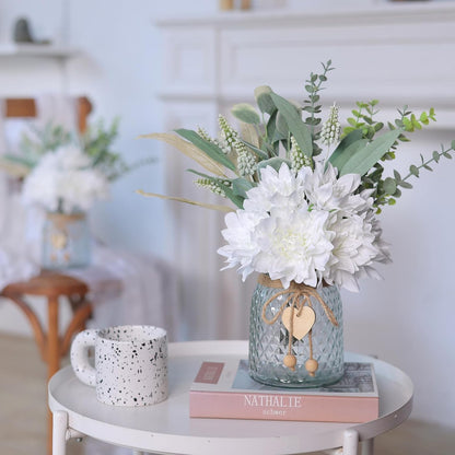 Faux Flowers with Vase, Artificial Silk Flowers in Vase, Fake Plant Eucalyptus and Willow, Flower Arrangement for Home Farmhouse kitchen Dining Table Centerpiece Decorations Coffee Table Decor (White)