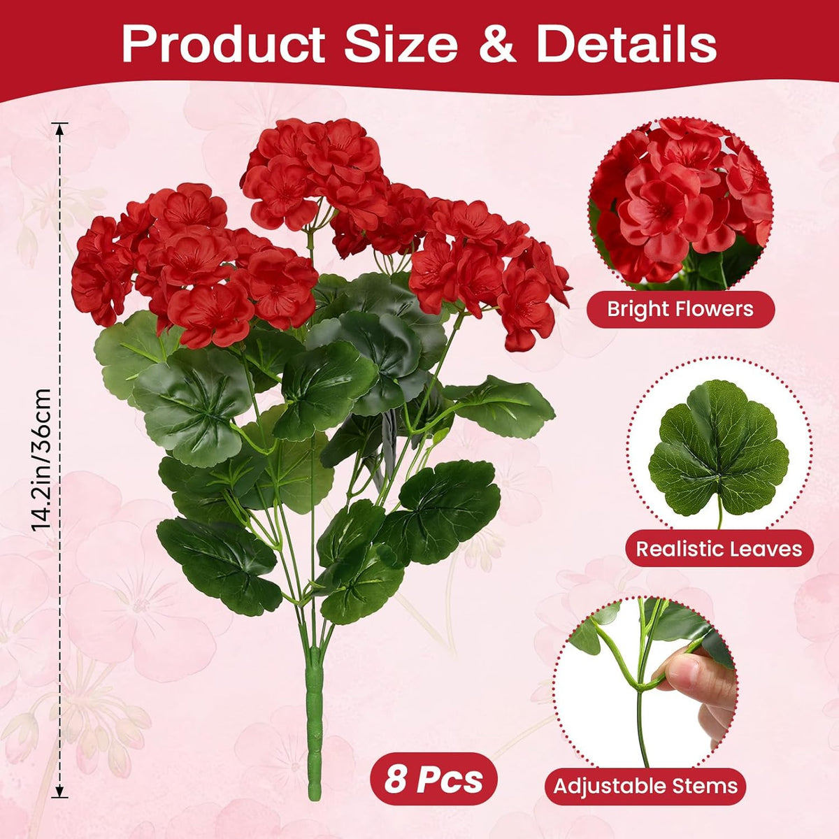 Alupssuc 8 Pcs Artificial Geranium Flowers for Outdoors Decoration Silk Floral, UV Resistant Fake Plants, Faux Flower for Porch Garden Table Centerpieces Home Indoor and Outdoor Spring Decor (8, Red)