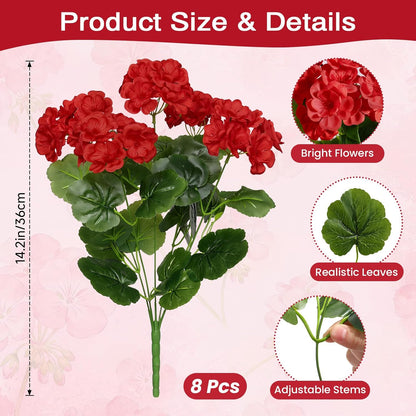 Alupssuc 8 Pcs Artificial Geranium Flowers for Outdoors Decoration Silk Floral, UV Resistant Fake Plants, Faux Flower for Porch Garden Table Centerpieces Home Indoor and Outdoor Spring Decor (8, Red)