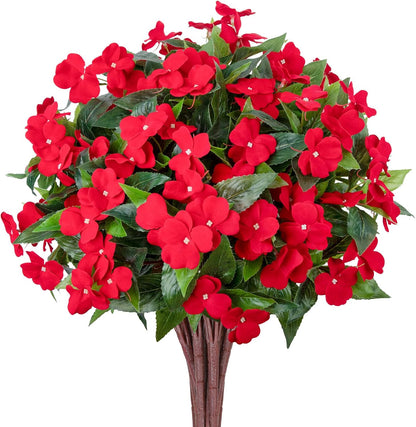 5 Pcs Artificial Flowers for Outdoors Silk Impatiens Flowers Bouquet Decorations Fake Faux Plants UV Resistant for Spring Summer Garden Patio Porch Window Box Balcony Planters Home, Red