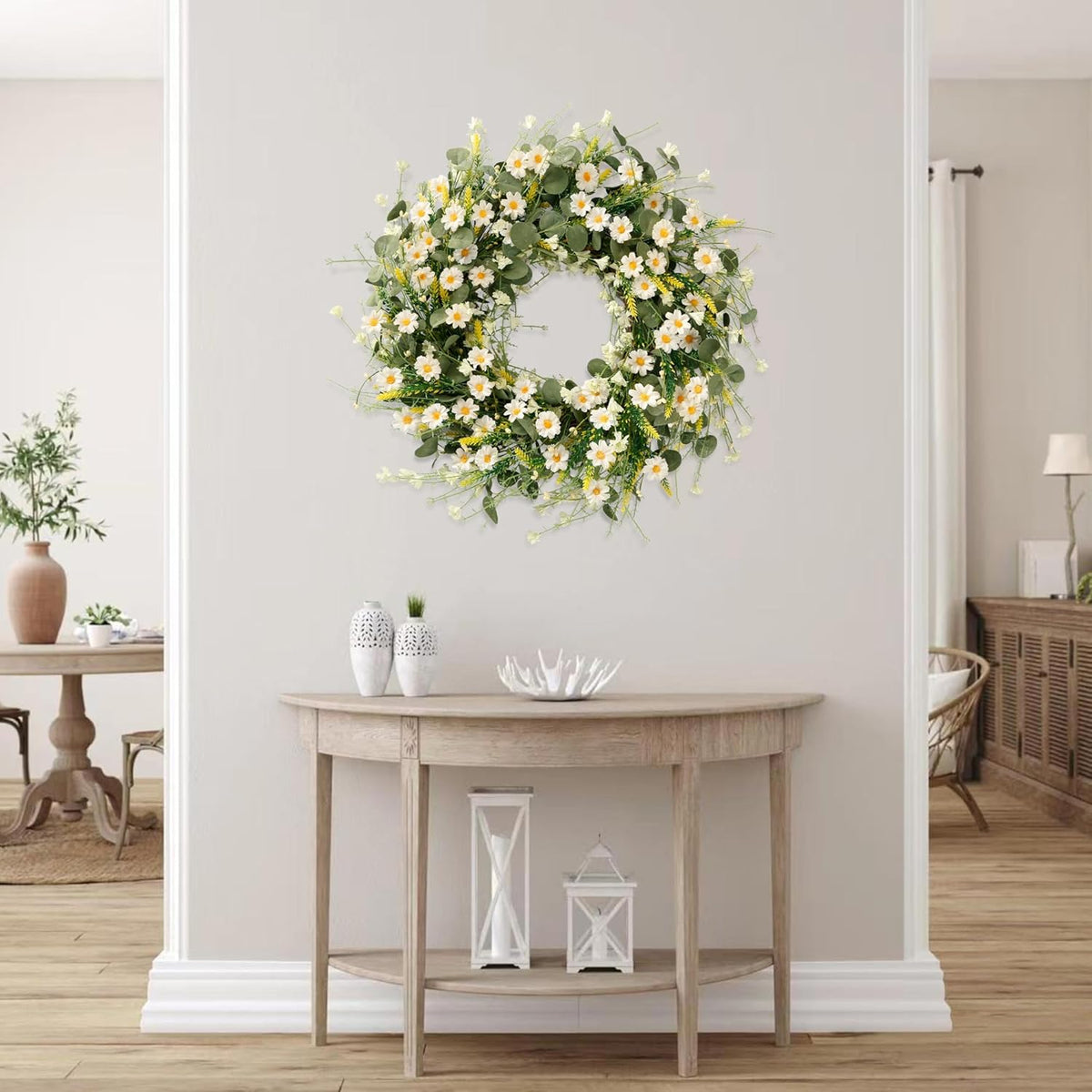 Sggvecsy White Daisy Wreath 24 Inch with Fake Silk Floral Green Eucalyptus Leaves and Lavender for Spring Summer Front Door Window Wall Wedding Farmhouse Festival Decor