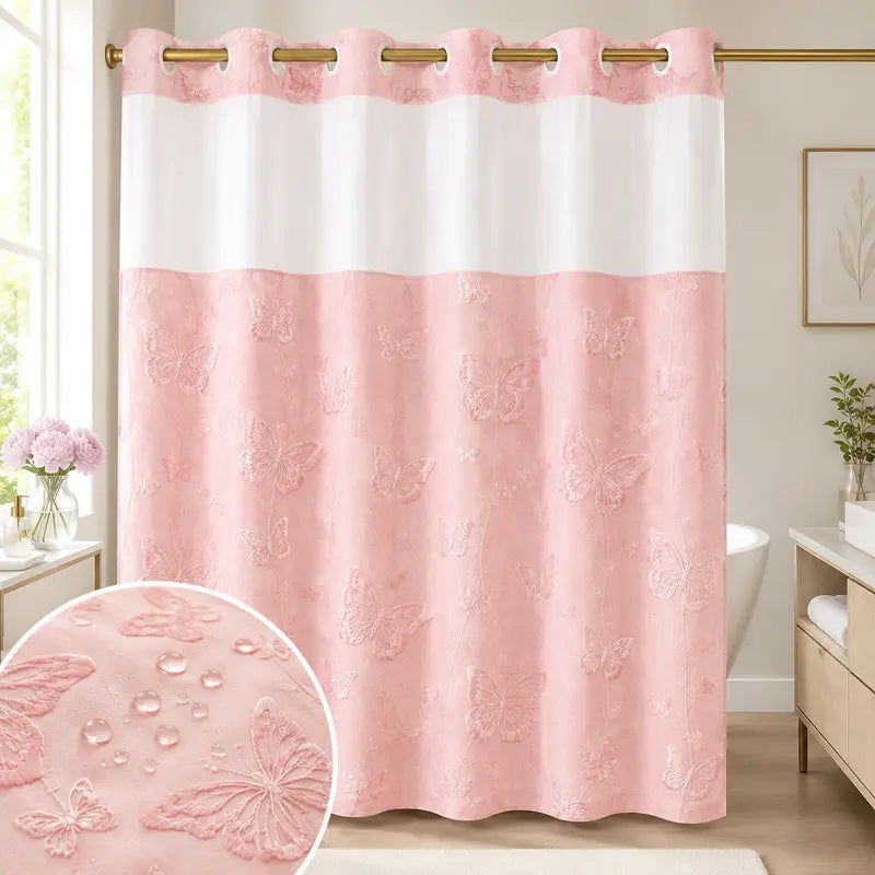 Hook-Free Double-Layer Butterfly Flocked Shower Curtain with Mesh Top Window, 71 x 74 in